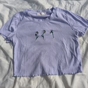Romwe Lavender Lettuce Trim Embroidered Daisy Crop Top 14" PTP Small